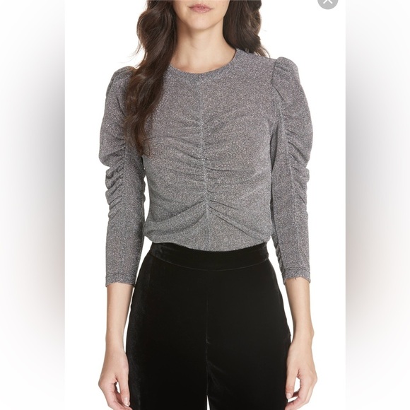 NWOT Rebecca Taylor Metallic Silver ruched 3/4 puff sleeves Blouse sz XS - Picture 5 of 13